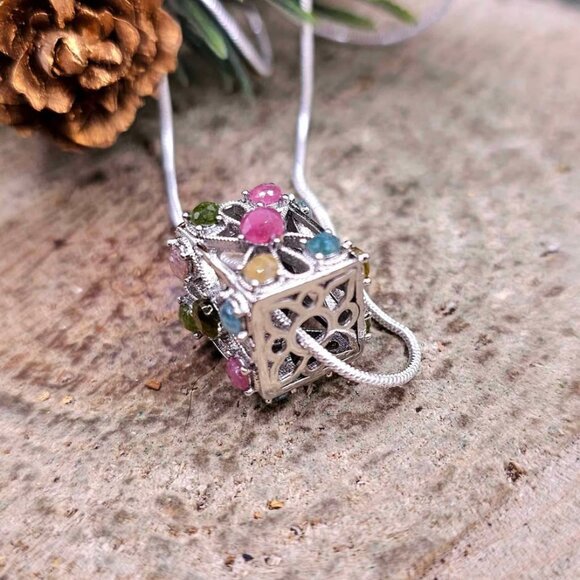 Nature Rainbow Faceted Tourmaline Rectangular Cage Pendant Necklace - Picture 4 of 10